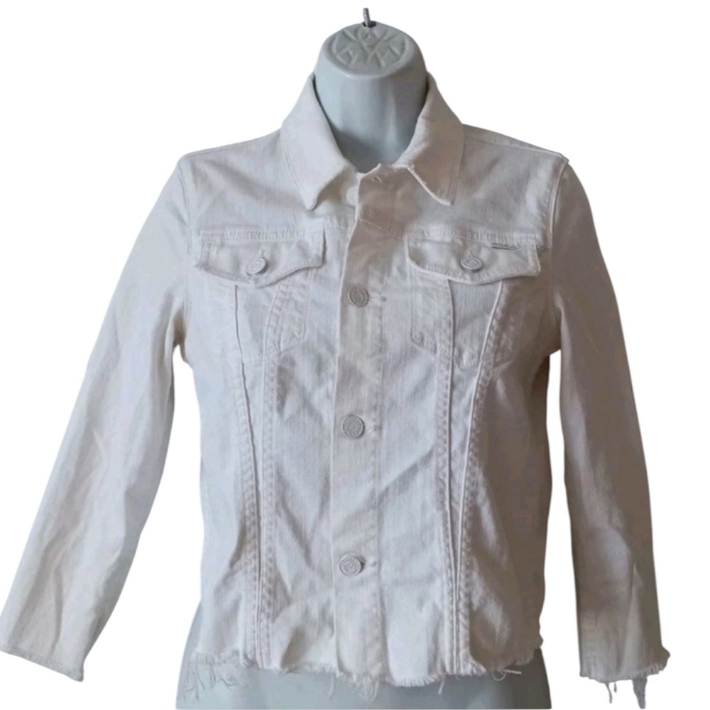 MOTHER The Bruiser white cropped raw hem denim jean jacket Size XS